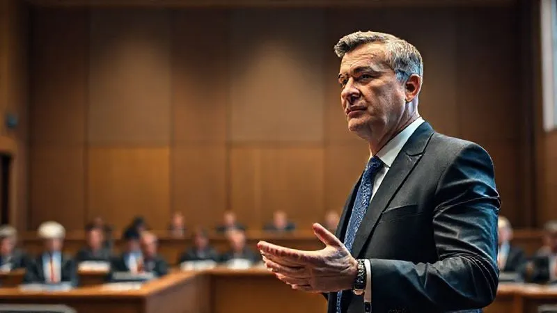 Photorealistic, professional photography, 8K, cinematic lighting, sharp focus, depth of field, shot on a high-end DSLR. A confident but empathetic criminal defense attorney, dressed in a sharp suit, standing before a judicial panel in a modern courtroom, making a compelling oral argument. The lighting highlights their face and gestures, conveying conviction and expertise.
