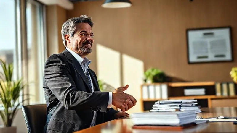 Photorealistic, professional photography, 8K, cinematic lighting, sharp focus, depth of field, shot on a high-end DSLR. A person, looking relieved and hopeful, shaking hands with a lawyer in a sunlit office, with legal documents neatly stacked on a desk. The background shows a diploma on the wall, symbolizing achievement and a fresh start.
