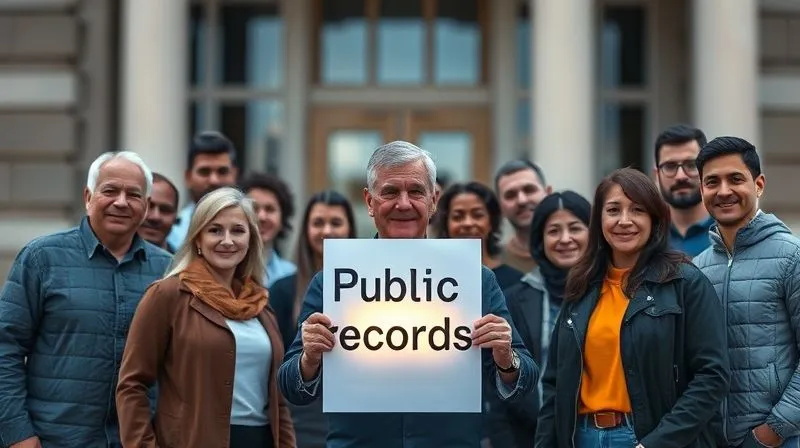 photorealistic, professional photography, 8K, cinematic lighting, sharp focus, depth of field, shot on a high-end DSLR, a diverse group of people, representing different ages and backgrounds, standing together in front of a blurred, modern courthouse facade, holding up a single, glowing document titled 'Public Records'. Their faces show unity and determination, symbolizing collective advocacy for transparency.