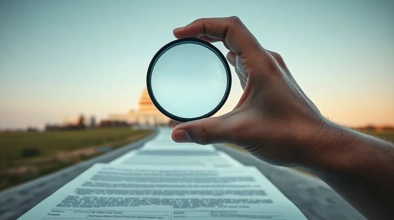 photorealistic, professional photography, 8K, cinematic lighting, sharp focus, depth of field, shot on a high-end DSLR, a hand firmly holding a magnifying glass over a complex legal document, with a long, winding path leading to a distant, brightly lit government building under a clear sky, symbolizing persistence and the journey towards transparency. The path is in sharp focus, leading the eye towards the goal.