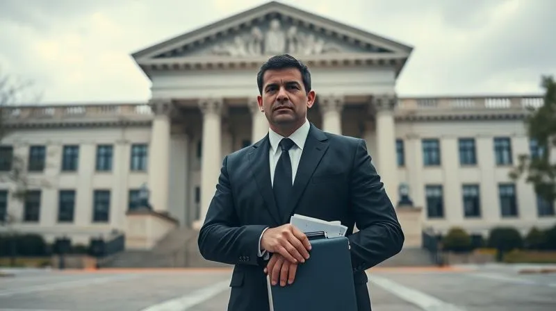 A determined individual, possibly a legal professional or a citizen, standing confidently before a large, imposing government building on a slightly overcast day. The person is holding a briefcase or stack of documents, looking resolute. Professional photography, 8K, cinematic lighting, sharp focus on the individual and their determined expression, depth of field blurring the background of the building, shot on a high-end DSLR. The image conveys resilience and quiet strength against bureaucracy.