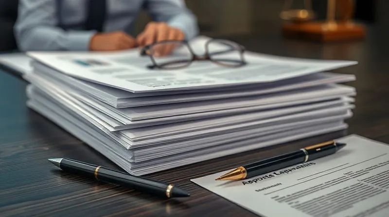 A photorealistic close-up of a stack of neatly organized legal documents, including a financial report and an appraisal, on a dark wooden table in a professional setting, with a pen and glasses nearby. The scene is well-lit, emphasizing detail and precision. professional photography, 8K, cinematic lighting, sharp focus, depth of field, shot on a high-end DSLR.