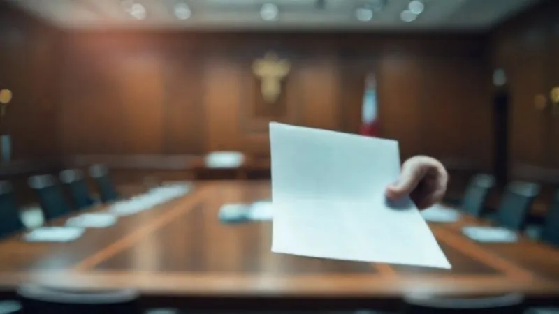 A photorealistic image of a blurred courtroom background with a lawyer's hand in sharp focus, pointing confidently at an unseen document. Cinematic lighting, strong depth of field, professional photography, 8K hyper-detailed.