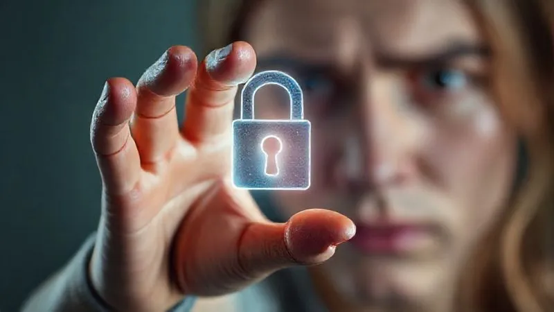 A photorealistic image of a hand reaching out to touch a fragile, glowing digital lock icon, with a blurred, concerned face in the background. The lock appears to be on the verge of breaking. Cinematic lighting, sharp focus on the hand and icon, 8K hyper-detailed, professional photography.