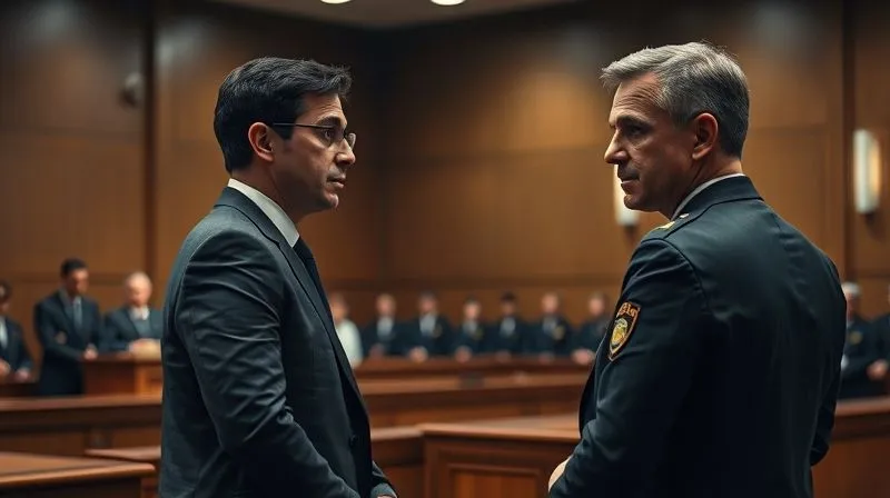 A photorealistic, intense scene in a modern courtroom. A male lawyer in a dark suit stands confidently, cross-examining a police officer in uniform who is on the witness stand. The lawyer's expression is focused and questioning, while the officer appears slightly uncomfortable. Cinematic lighting highlights the figures, with a blurred judge and jury in the background. Sharp focus on the lawyer and witness, depth of field, 8K hyper-detailed, shot on a high-end DSLR.