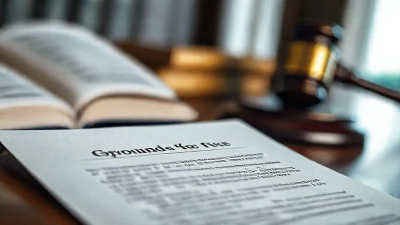 A photorealistic image of a legal document with a section highlighted on "Grounds for Termination," with a blurred background of a judge's bench and a legal textbook. Professional, 8K, cinematic lighting, sharp focus on text.