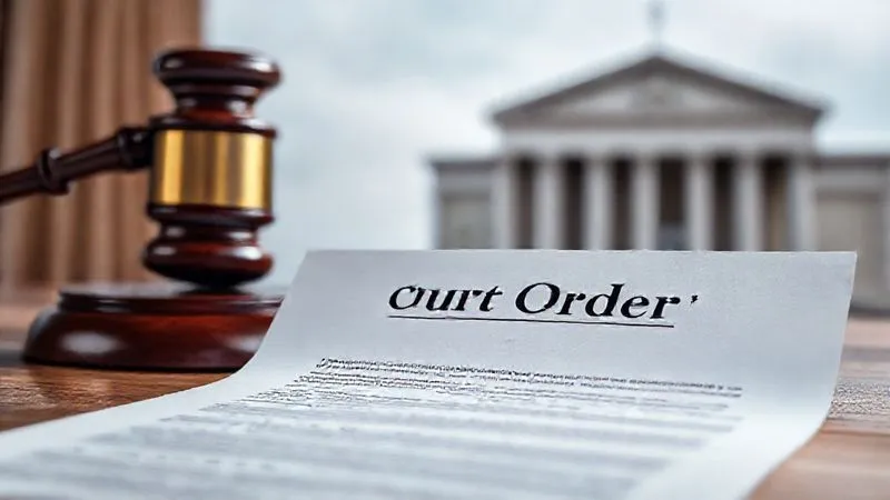 A photorealistic image of a legal document titled "Court Order" with a blurred background of a judge's gavel and a courthouse building, conveying the gravity of legal proceedings. Professional, 8K, cinematic lighting, sharp focus on the document.