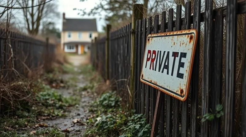 A photorealistic image of an old, overgrown, disused pathway on a property, with a rusted, broken sign leaning against a fence, subtly indicating 'No Entry' or 'Private', symbolizing abandonment. The scene has soft, natural lighting, sharp focus on the overgrown path, depth of field blurring a distant house. 8K hyper-detailed, professional photography, shot on a high-end DSLR.