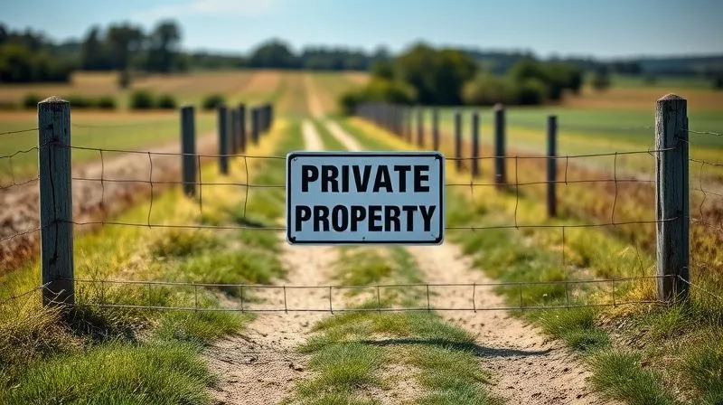 A photorealistic image of a sturdy, new fence clearly blocking an old, unused dirt path on a property, with a "Private Property" sign prominently displayed. The fence is weathered but well-maintained, symbolizing a deliberate and continuous obstruction. The lighting is bright and clear, sharp focus on the fence and path, depth of field blurring the background of a distant field. 8K hyper-detailed, professional photography, shot on a high-end DSLR.