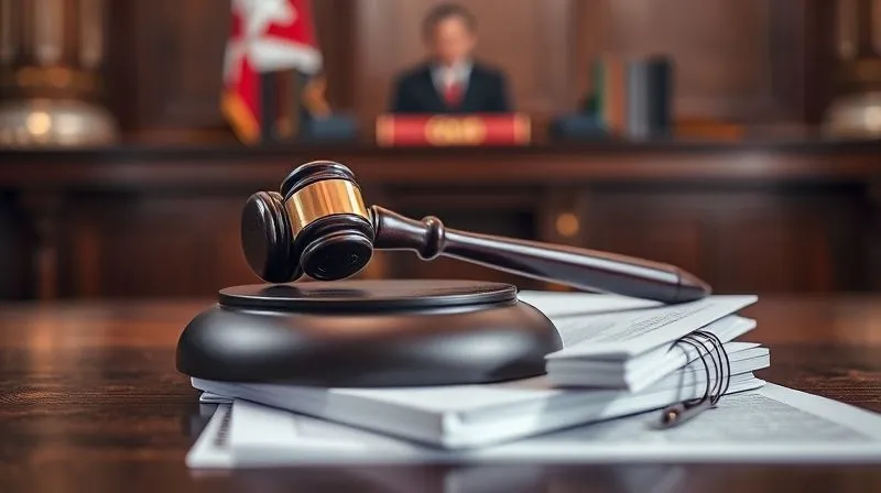 A photorealistic image of a gavel resting on a stack of legal documents with a blurred background of a judge's bench, symbolizing a quiet title action. The lighting is formal and authoritative, sharp focus on the gavel and documents, depth of field blurring the courtroom setting. 8K hyper-detailed, professional photography, shot on a high-end DSLR.