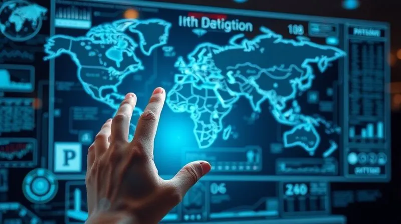 A photorealistic image depicting a futuristic interface displaying intricate patent maps and data visualizations, with a human hand interacting with a holographic screen, symbolizing advanced technological tools in IP analysis, professional photography, 8K, cinematic lighting, sharp focus, depth of field.