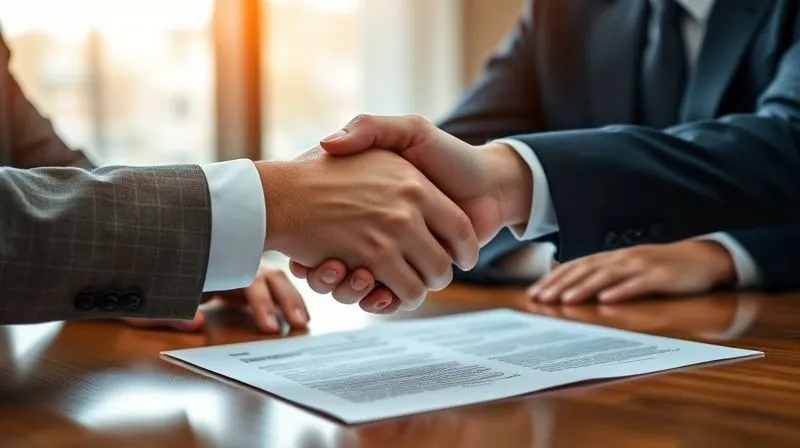 A photorealistic image of two business professionals shaking hands firmly over a table with a legal document, a successful M&A deal concluded, representing trust, security, and partnership, professional photography, 8K, cinematic lighting, sharp focus, depth of field.