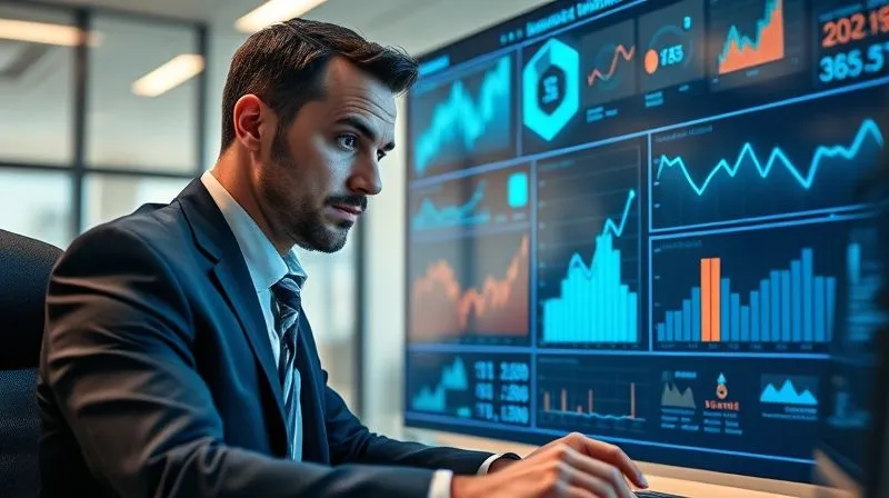 A photorealistic image of a business executive looking intently at a dashboard displaying various financial metrics and graphs, projected in a futuristic, holographic style. The executive is in a modern office, with cinematic lighting emphasizing focus and control. 8K hyper-detailed, depth of field, professional photography, shot on a high-end DSLR.