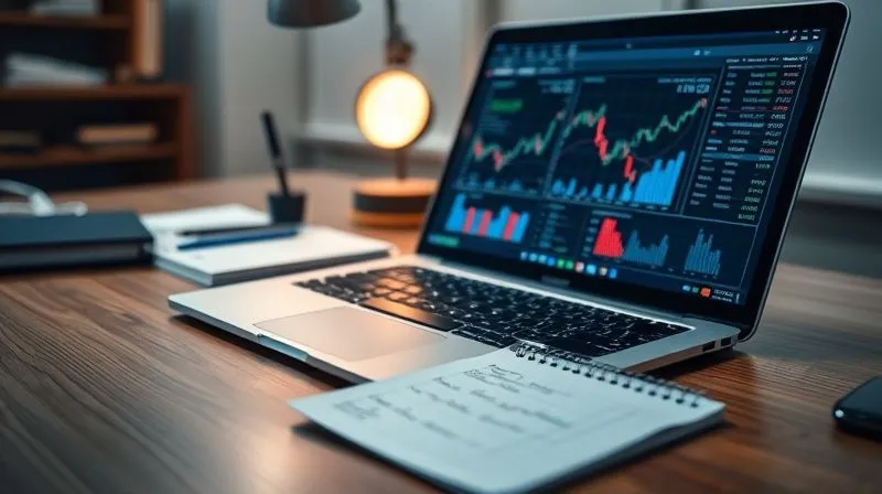 A photorealistic image of a financial expert's desk with a laptop displaying complex charts and graphs related to stock valuation, alongside a legal notepad, 8K, cinematic lighting, sharp focus, depth of field, shot on a high-end DSLR.