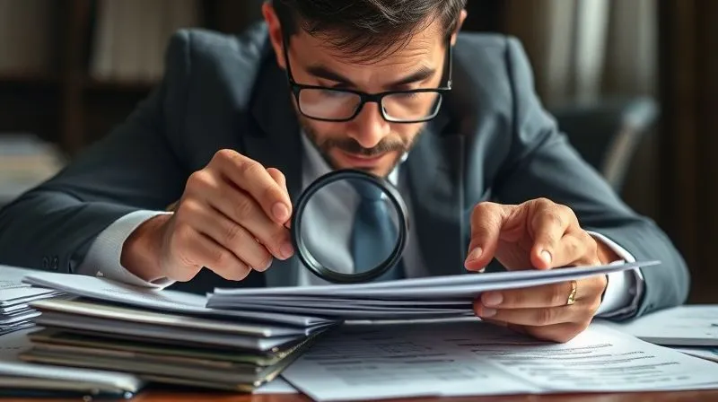A photorealistic image of a legal professional meticulously examining a stack of financial documents with a focused expression, a magnifying glass in hand, surrounded by a subtle aura of precision and diligence. Cinematic lighting, sharp focus on the documents and hands, depth of field blurring a professional office background, 8K hyper-detailed, professional photography.