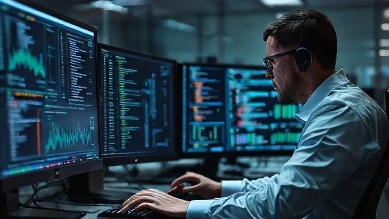 A photorealistic image of a digital forensics expert meticulously analyzing data on multiple computer screens, with complex code and graphs visible, in a secure, modern lab setting. Cinematic lighting, sharp focus on the screens and expert's hands, depth of field blurring the background, 8K hyper-detailed, shot on a high-end DSLR.