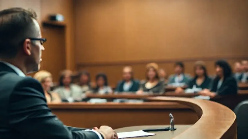 A photorealistic image of a lawyer confidently presenting arguments to a jury in a modern, well-lit courtroom, with the jury members visible and attentive. Cinematic lighting, sharp focus on the lawyer and jury, depth of field blurring the background, 8K hyper-detailed, shot on a high-end DSLR.