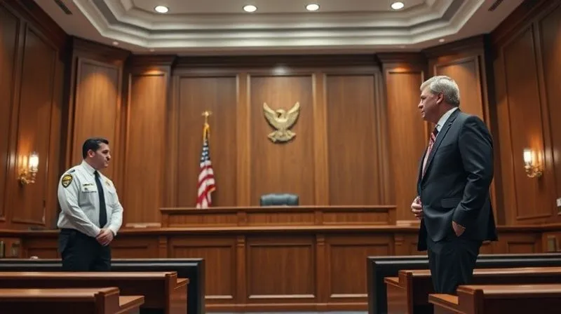 A photorealistic, professional photography, 8K, cinematic lighting, sharp focus, depth of field shot inside a modern courtroom, focusing on a judge's bench with a probation officer standing to one side and a defense attorney with their client on the other, conveying the gravity of a legal proceeding.