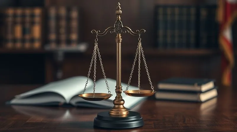 A photorealistic, professional photography, 8K, cinematic lighting, sharp focus, depth of field shot of the scales of justice, perfectly balanced, with a blurred background of legal texts and a judge's bench, symbolizing the critical decision points and potential outcomes in a legal hearing.