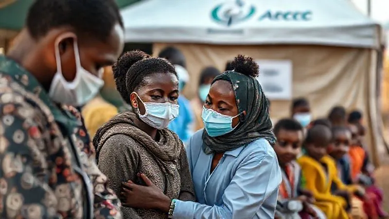 A photorealistic, professional photography, 8K, cinematic lighting, sharp focus, depth of field, shot on a high-end DSLR, depicting a diverse group of individuals, including children and medical professionals, receiving aid and vaccination in a humanitarian camp, with a blurred backdrop of an international aid organization's logo on a tent. The scene evokes empathy and hope.