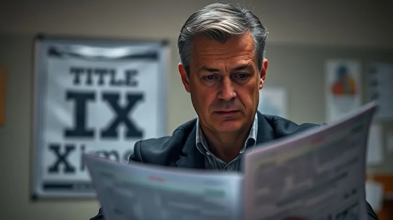 Photorealistic image of a school administrator, looking serious and focused, reviewing an incident report in a dimly lit office, with a blurred 'Title IX' poster in the background. Professional photography, 8K, cinematic lighting, sharp focus on the administrator's face and report, depth of field, shot on a high-end DSLR, conveying a sense of urgency and responsibility.