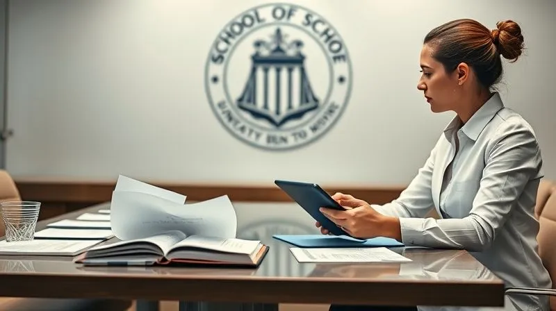 Photorealistic image of two professional investigators, one male and one female, sitting at a conference table with open notebooks and a tablet, engaged in a serious discussion, with legal documents and a blurred school logo in the background. Professional photography, 8K, cinematic lighting, sharp focus on their faces and documents, depth of field, shot on a high-end DSLR, conveying thoroughness and impartiality.