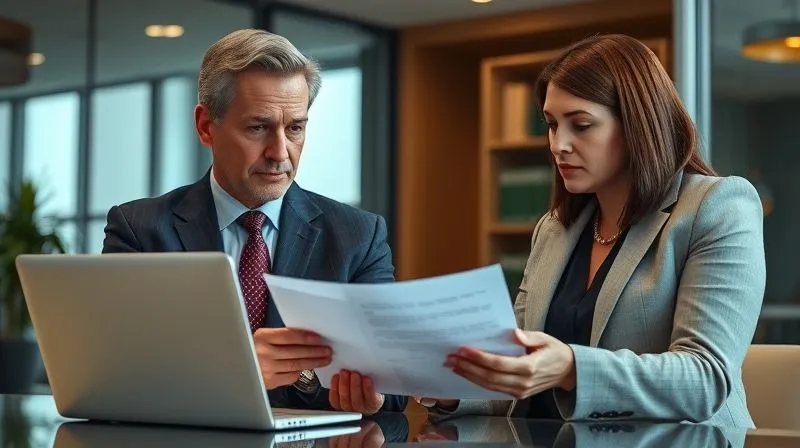 Photorealistic image of a school superintendent and a legal counsel in a modern, professional office, discussing documents with serious expressions. A laptop displays legal texts. Professional photography, 8K, cinematic lighting, sharp focus on their faces and the documents, depth of field, shot on a high-end DSLR, conveying strategic legal consultation.