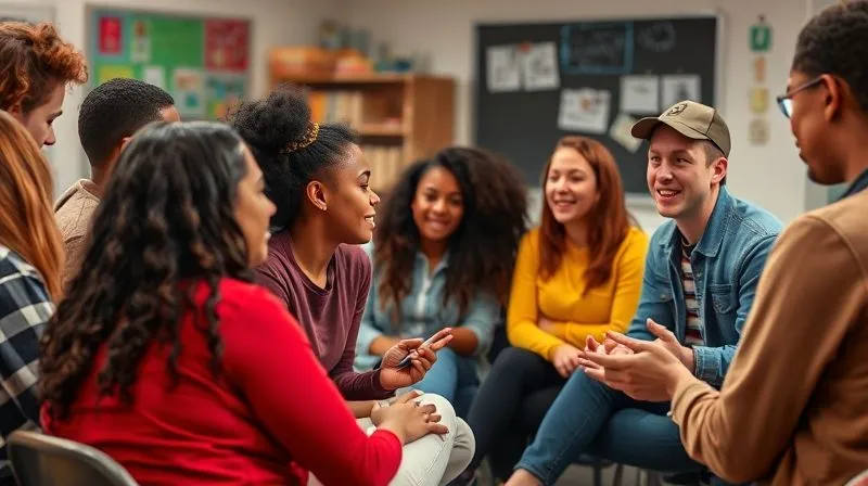 Photorealistic image of a diverse group of high school students and teachers participating in a workshop, actively engaged in a discussion about respectful communication and boundaries, with a facilitator leading the session. Professional photography, 8K, cinematic lighting, sharp focus on the participants' faces, depth of field, shot on a high-end DSLR, conveying a positive and educational atmosphere.