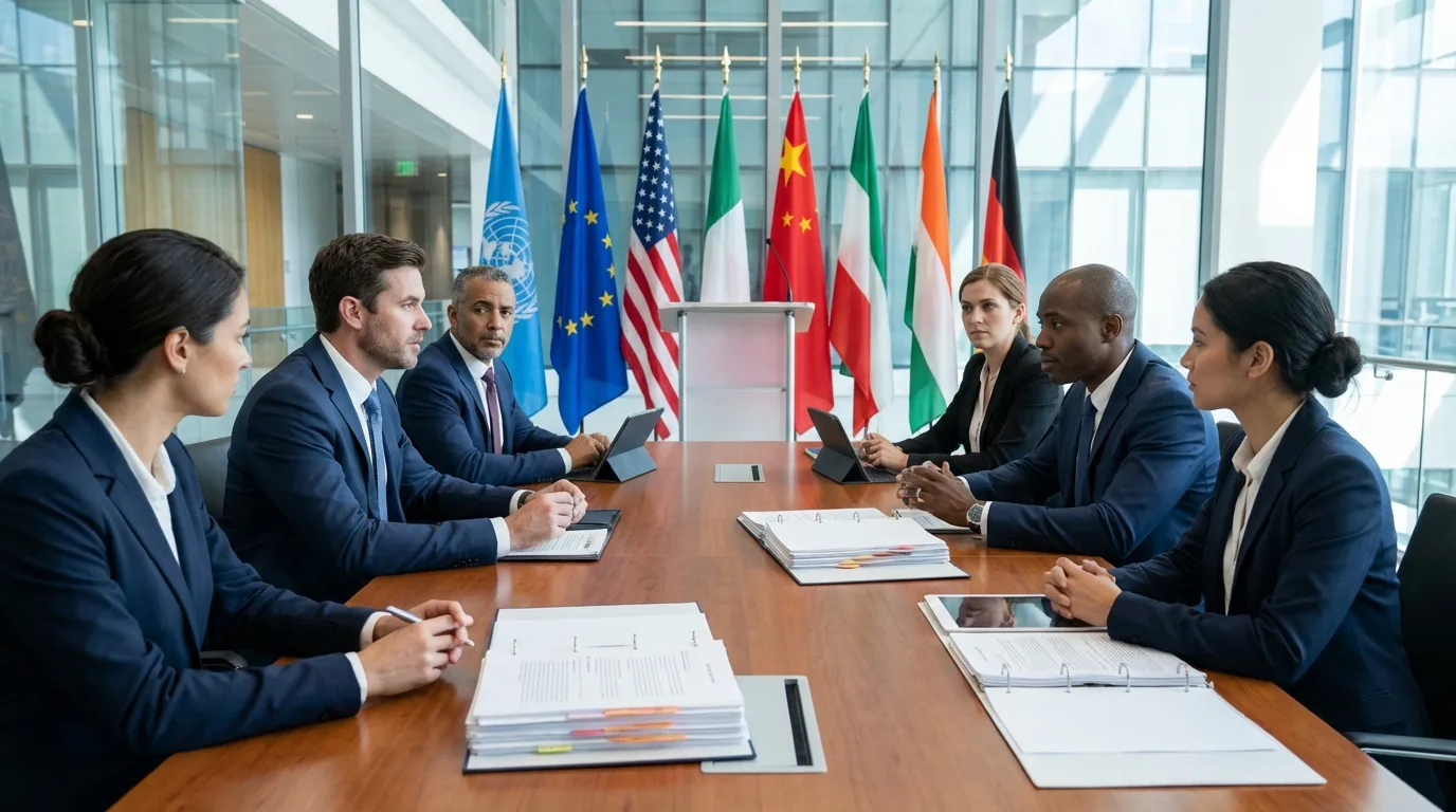 Legal experts from different countries collaborating on a cross-border sustainable development project.