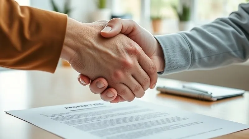 A photorealistic image of two hands, one older and one younger, shaking firmly over a blurred property deed. The setting is a bright, airy home office, symbolizing trust, transparency, and a fair transaction. Professional photography, 8K, cinematic lighting, sharp focus on the handshake, depth of field, shot on a high-end DSLR.