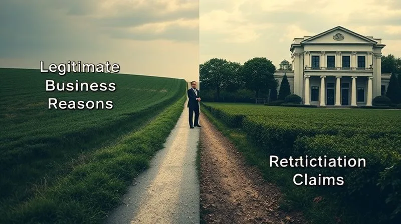 photorealistic, professional photography, 8K, cinematic lighting, sharp focus, depth of field, shot on a high-end DSLR. A split image depicting two paths diverging. One path is clear and well-lit, labeled 'Legitimate Business Reasons,' with a professional handshake at the end. The other path is dark, thorny, and leads to a courthouse facade, labeled 'Retaliation Claims.' The visual emphasizes the critical choice and its consequences, with a sense of tension and risk.