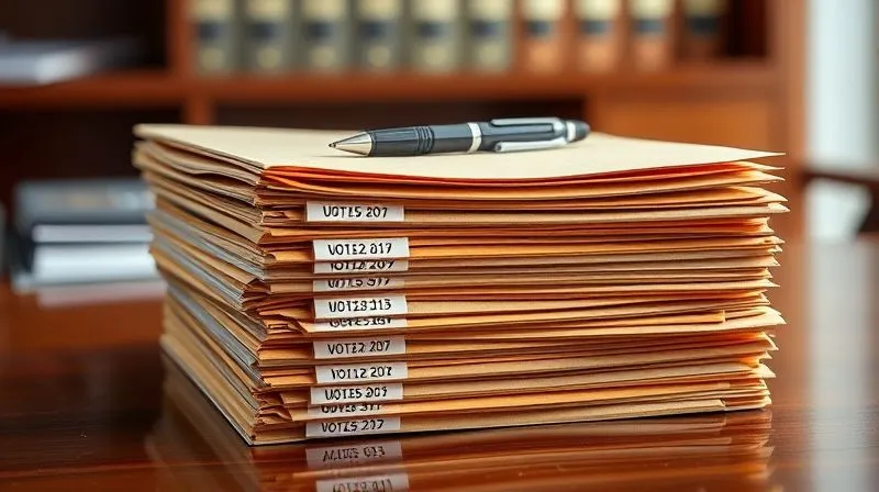 photorealistic, professional photography, 8K, cinematic lighting, sharp focus, depth of field, shot on a high-end DSLR. A stack of meticulously organized manila folders, each clearly labeled with dates and names, sitting on a polished wooden desk in a professional office. A single pen rests on the top folder, suggesting recent activity. The background is slightly blurred, focusing on the organized documents, symbolizing the critical importance of thorough record-keeping in legal compliance.