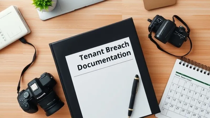 A photorealistic, overhead shot of a neatly organized desk with a binder labeled 'Tenant Breach Documentation', alongside a camera, a notepad, and a calendar. Soft, natural light, 8K, professional photography.