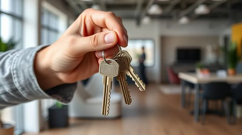 A photorealistic image of a new set of keys being handed over, symbolizing a successful re-leasing after an eviction. The background shows a clean, modern commercial space. Professional photography, sharp focus on keys, 8K.