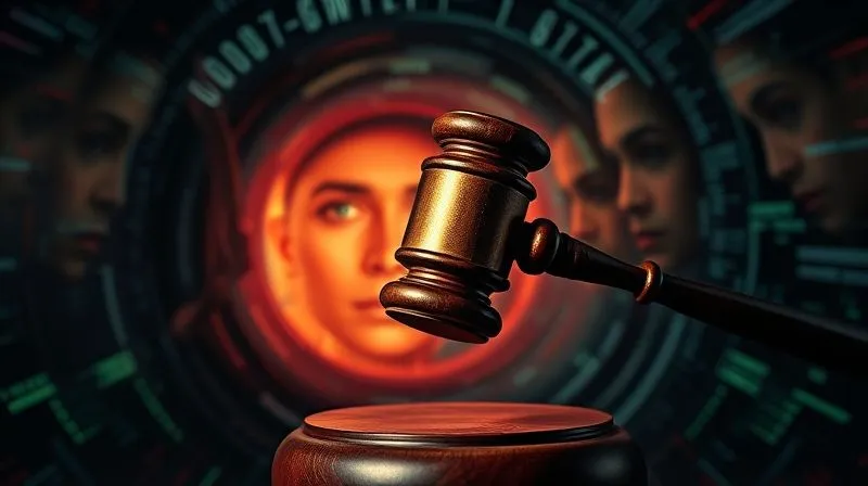 photorealistic, professional photography, 8K, cinematic lighting, sharp focus, depth of field, shot on a high-end DSLR, a swirling vortex of digital data and distorted, pixelated faces, with a clear, sharp legal gavel striking down in the foreground, symbolizing the complex legal challenges and the need for decisive action against deepfake content, dark, intense atmosphere.