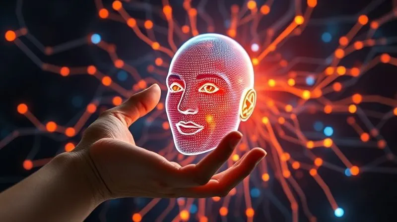 photorealistic, professional photography, 8K, cinematic lighting, sharp focus, depth of field, shot on a high-end DSLR, a complex network of glowing neural pathways and digital data streams, with a human hand reaching out to interact with a holographic display showing a distorted, pixelated face transforming into a clear, authentic one, symbolizing AI-powered deepfake detection and human oversight, futuristic, secure, high-tech.