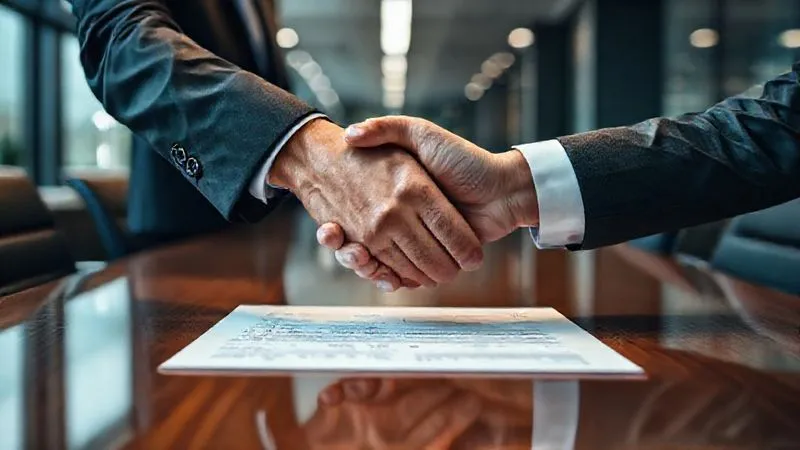 photorealistic, professional photography, 8K, cinematic lighting, sharp focus on two hands shaking firmly over a signed contract, symbolizing mutual agreement, set on a polished conference table, depth of field blurring a modern office background, shot on a high-end DSLR, professional and decisive