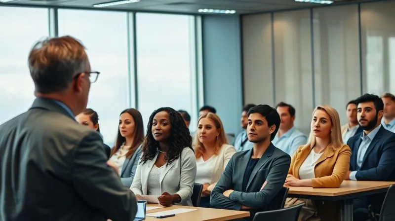 A photorealistic image of a diverse group of professionals in a modern conference room, attentively participating in a training session on 'Workplace Investigations', with a presenter at the front, cinematic lighting, sharp focus on their engaged faces, 8K, shot on a high-end DSLR.