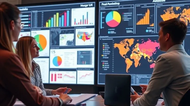 A photorealistic image of a diverse team of education professionals analyzing complex data visualizations on large screens, featuring bar charts, pie charts, and demographic heat maps. The atmosphere is collaborative and focused, with cinematic lighting highlighting the data. 8K, sharp focus, depth of field, shot on a high-end DSLR.