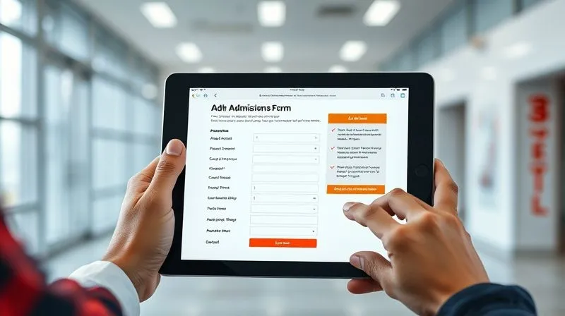A photorealistic image of a secure, user-friendly online application portal on a tablet, with diverse hands interacting with it. The screen displays an admissions form with accessibility features highlighted, set against a blurred background of a modern school. Cinematic lighting, sharp focus on the tablet, 8K, shot on a high-end DSLR.