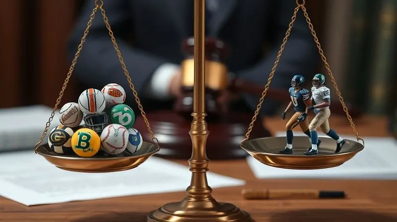 A photorealistic image depicting two legal scales, one side weighted with miniature sports team logos and the other with miniature player figures, symbolizing the delicate balance of interests in sports antitrust law. In the background, blurred legal documents and a judge's gavel are visible. Professional photography, 8K, cinematic lighting, sharp focus, depth of field.