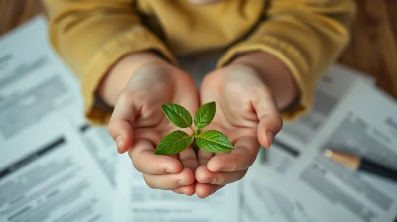A photorealistic, professional photography, 8K, cinematic lighting, sharp focus, depth of field, shot on a high-end DSLR, of a child's hands holding a small, vibrant green sprout, symbolizing growth and hope amidst a subtly blurred, fragmented background of legal documents, representing the child's well-being as the central focus.