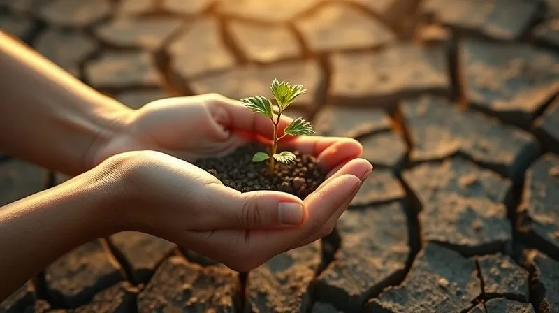 A photorealistic, professional photography, 8K, cinematic lighting, sharp focus, depth of field, shot on a high-end DSLR, of a single, strong hand gently cupping a small, resilient plant growing through cracked earth, symbolizing resilience and self-care amidst adversity. Soft, warm light illuminates the plant.