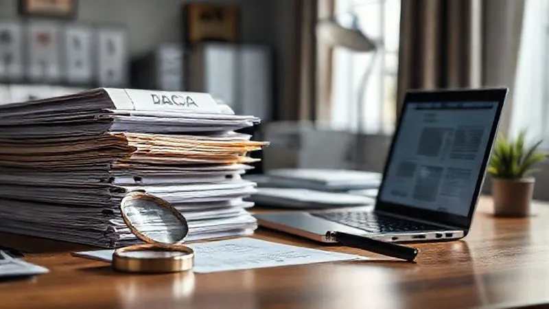 A photorealistic image of an organized desk with neatly stacked DACA application folders, a magnifying glass, and a laptop displaying legal research, illuminated by soft, professional office lighting. The scene conveys diligence and meticulous preparation, 8K, cinematic lighting, sharp focus, depth of field, shot on a high-end DSLR.