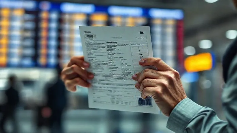 A photorealistic, professional photography image of a blurred airport departure board in the background, with a sharp focus on a pair of hands holding a complex, official immigration document, a look of concern on a partially visible face. The scene evokes the seriousness of travel documentation in immigration, 8K, cinematic lighting, sharp focus, depth of field, shot on a high-end DSLR.