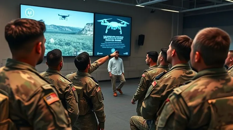 A photorealistic image of a diverse group of military personnel in a modern training facility, engaged in a simulated combat scenario involving holographic projections of autonomous drones. An instructor points to a screen displaying IHL guidelines. Professional photography, 8K, cinematic lighting, sharp focus on the trainees and screens, depth of field blurring the background, shot on a high-end DSLR.