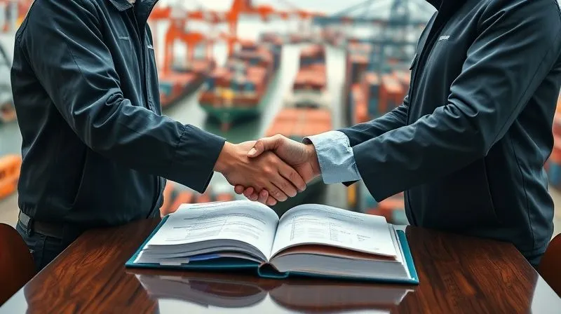 A photorealistic, professional photography shot of a ship's captain and a port agent shaking hands, with a detailed logbook open on a table between them. Behind them, a bustling port with container cranes and ships. The scene conveys trust, clear communication, and meticulous record-keeping. 8K, cinematic lighting, sharp focus on the logbook and handshake, depth of field blurring the background port activity, shot on a high-end DSLR.