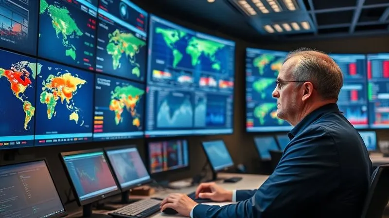 A photorealistic, professional photography shot of a shipping operations center with multiple large screens displaying real-time vessel tracking maps, port congestion heatmaps, and data dashboards. A logistics manager is looking intently at the screens, making strategic decisions. The scene is modern, high-tech, and conveys proactive problem-solving. 8K, cinematic lighting, sharp focus on the screens and manager, depth of field blurring the background office, shot on a high-end DSLR.