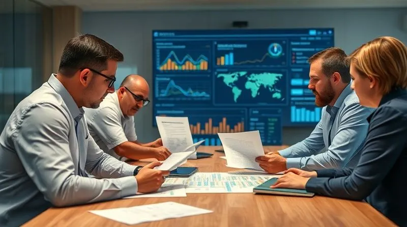 A photorealistic, professional photography shot of a team of diverse maritime professionals (shipping manager, legal counsel, logistics analyst) gathered around a large table, intently reviewing charts, documents, and a digital dashboard displaying performance metrics and incident reports. They are engaged in a collaborative problem-solving session, focused on continuous improvement. 8K, cinematic lighting, sharp focus on the team and documents, depth of field blurring the modern office background, shot on a high-end DSLR.