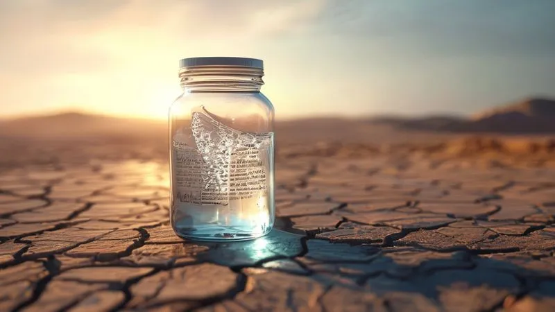 A professional, photorealistic image of a clear glass jar filled with clean water, prominently placed on a parched, cracked earth surface. In the background, a legal contract with intricate clauses is subtly visible, representing water banking and transfer agreements. Cinematic lighting, sharp focus on the jar and contract, depth of field blurring the distant arid landscape. 8K hyper-detailed, shot on a high-end DSLR.
